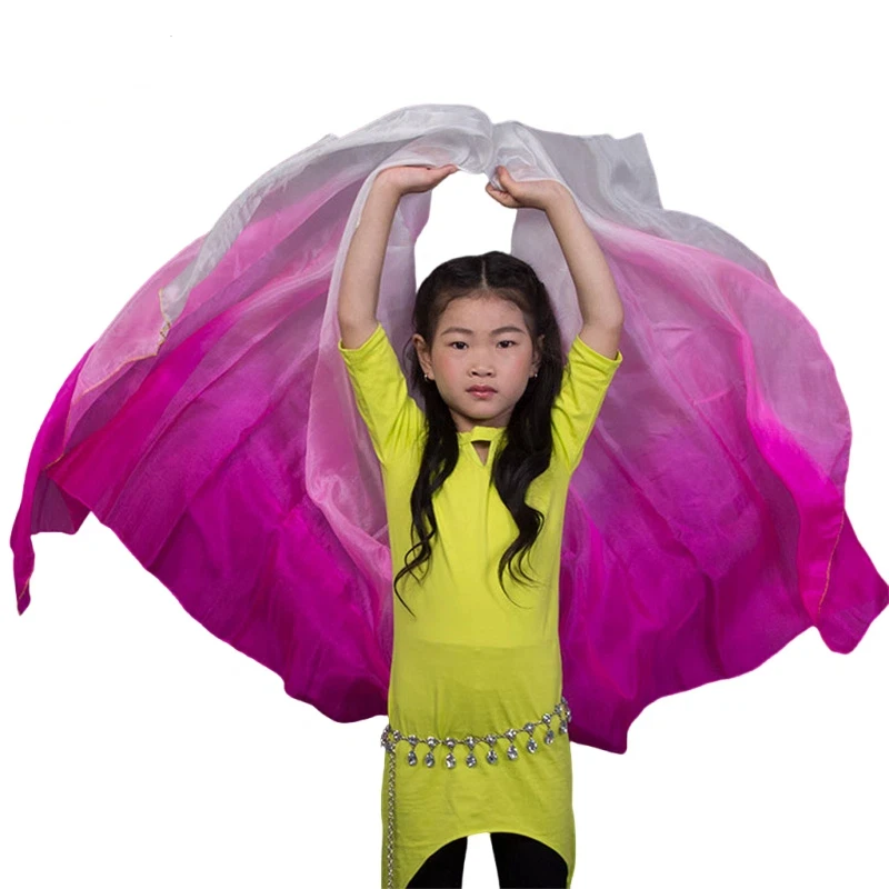 الفتيات 100% الحجاب الحرير الرقص الشرقي وشاح اليد ألوان تدريجية الحجاب شال خفيفة الوزن الاطفال أداء زي اكسسوارات 200X90cm