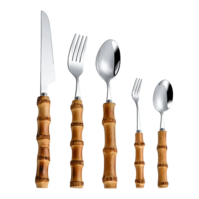 Steak Knife Fork Spoon Tableware   Bamboo Handle Stainless Steel Tableware Western Food Knife, Fork and Spoon   Kitchen Items