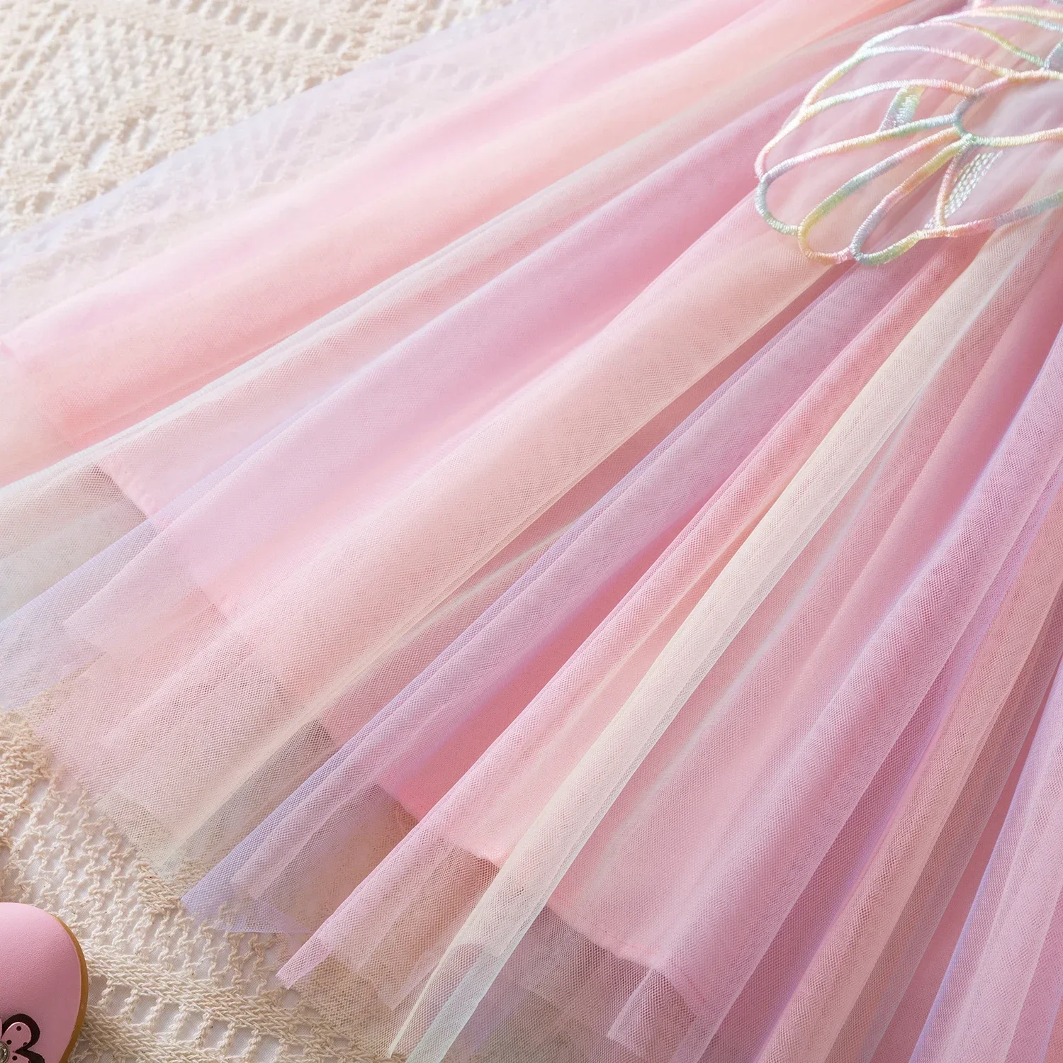 Gradient Rainbow Baby Girls Dresses Tulle Sling Back Butterfly Mesh Vestidos 2024 Children Wedding Birthday Princess Dress