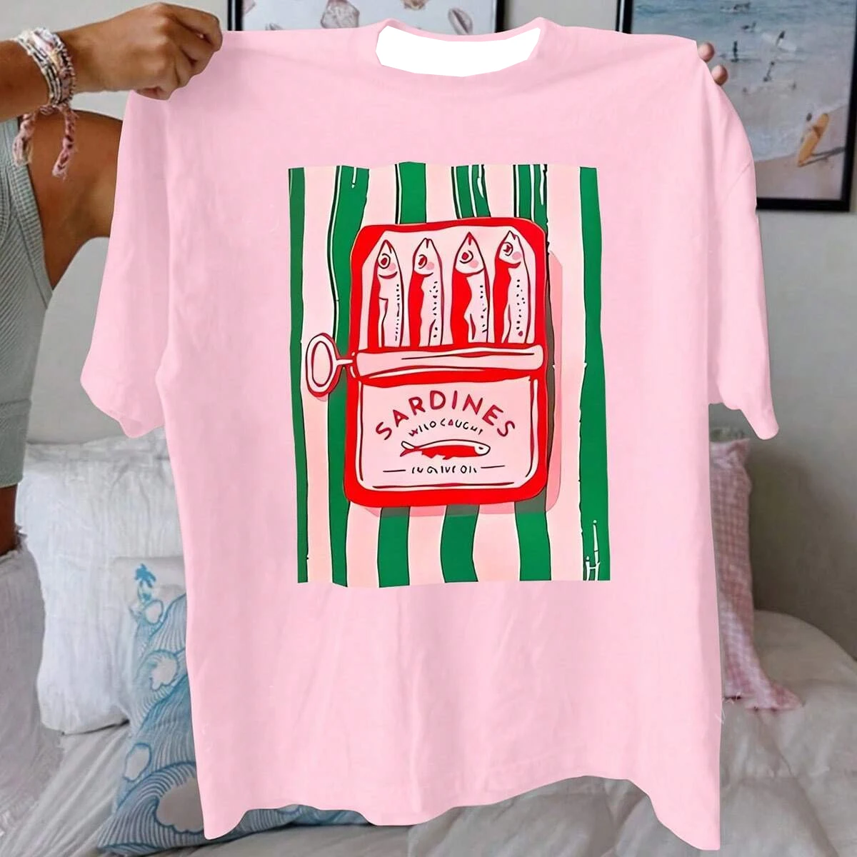 Camiseta de verano para mujer, Camiseta de algodón con estampado de sardina, cuello redondo, Material transpirable, Top informal de manga corta a la moda para mujer