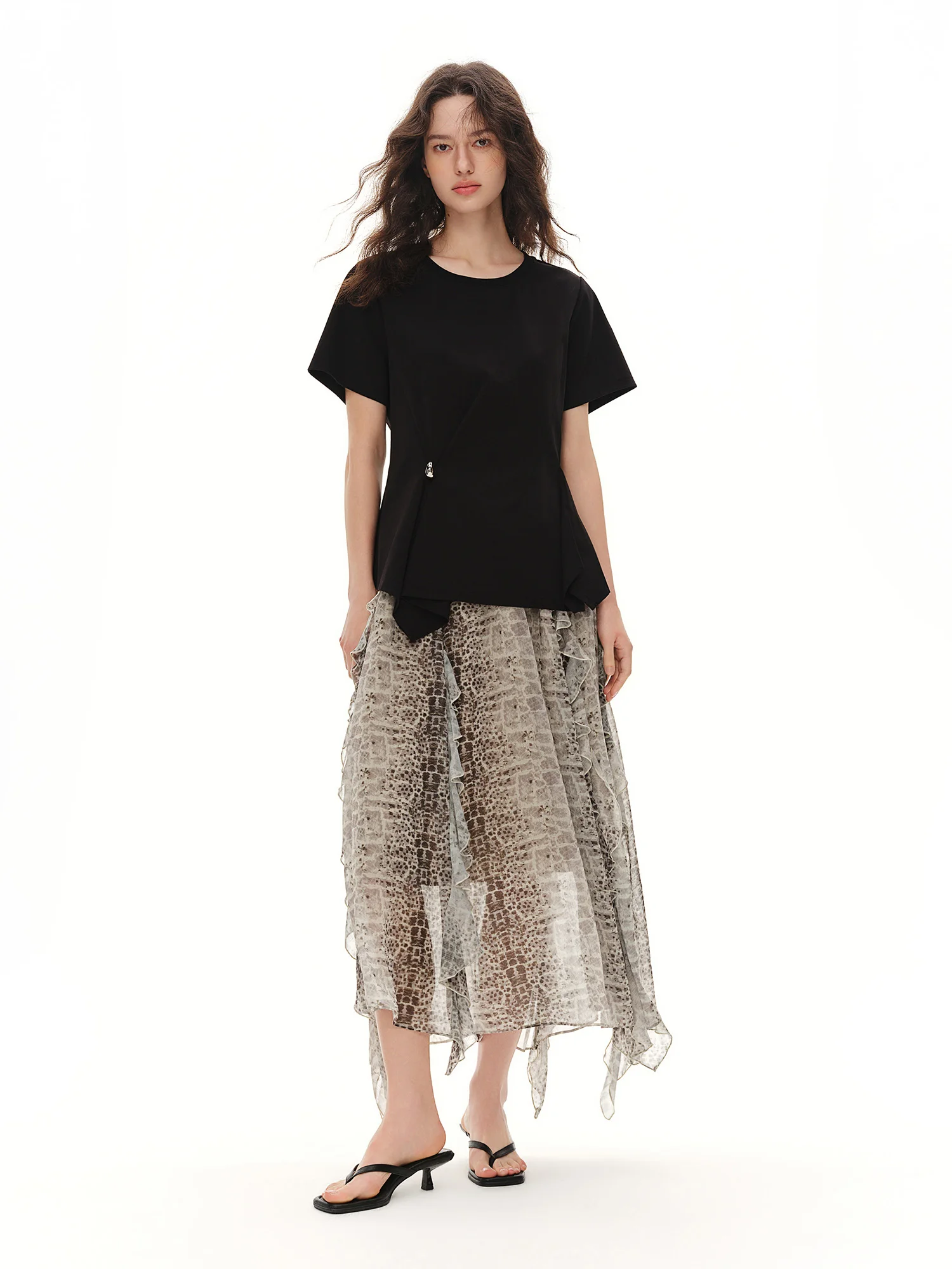DUSHU Women's 2026 Summer New Dystopia Style Leopard Print Midi Skirt Multi-Layer Ruffled Hem Skirt Multiple Sizes Available