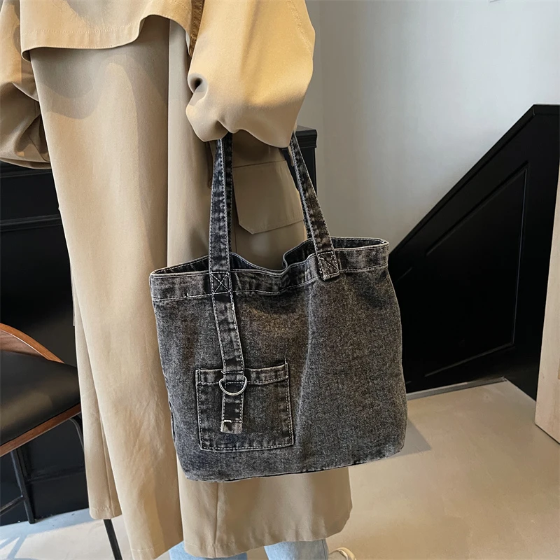 

New Retro Fashion Versatile Women's Large Capacity Denim Single Shoulder Tote Bag Simple Casual Commuting Storage Bags