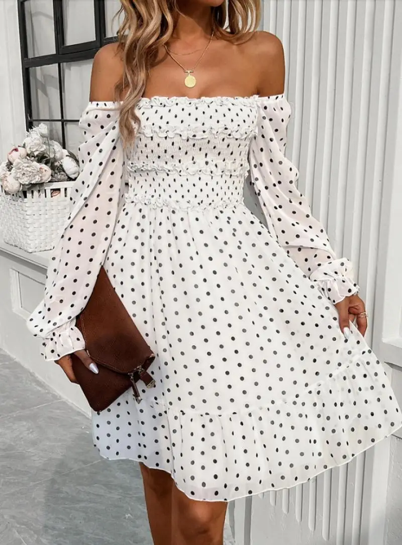 

Fashion Autumn Dresses 2024 Elegant Polka Dot Print Casual Square Neck Long Sleeved Dresses Urban Elegant Vacation Midi Dresses