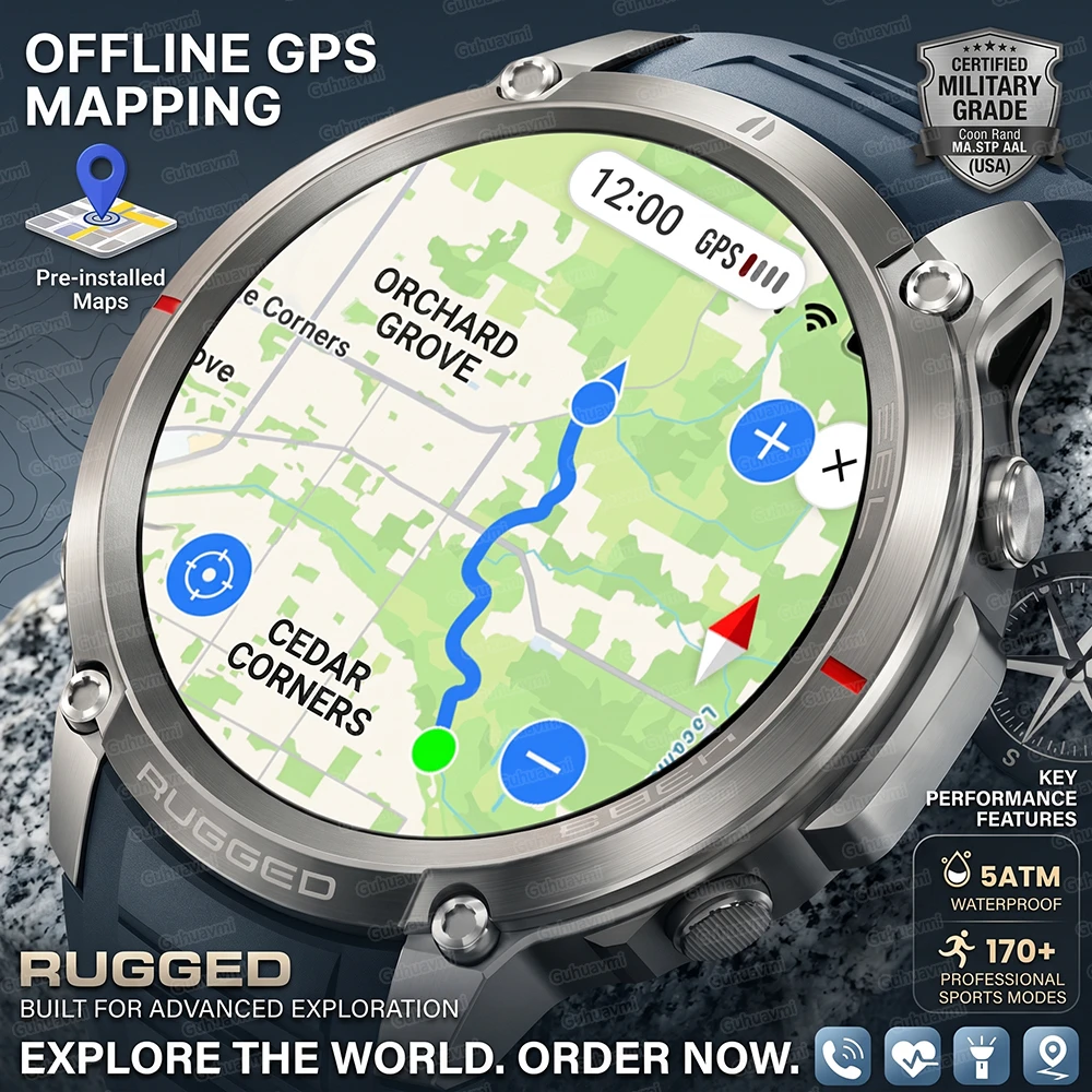 2026New Outdoor GPS Smart Watch Offline Maps Download Compass Tracking 5ATM Waterproof Tactics Sport Smart Bracelet For Men gift