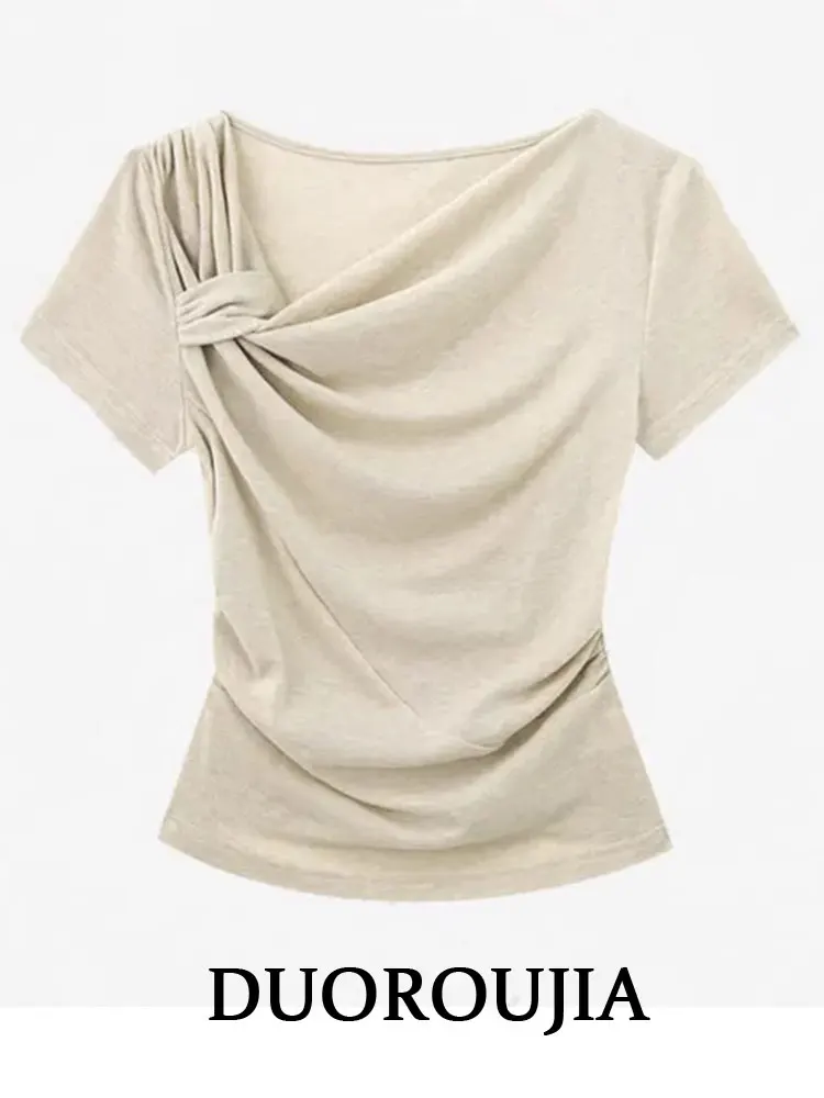 

Chic plus Size Shoulder Bared Short Sleeve T Shirt Korean Style Sweet And Spicy Women's Summer Folded Design Sensation Top