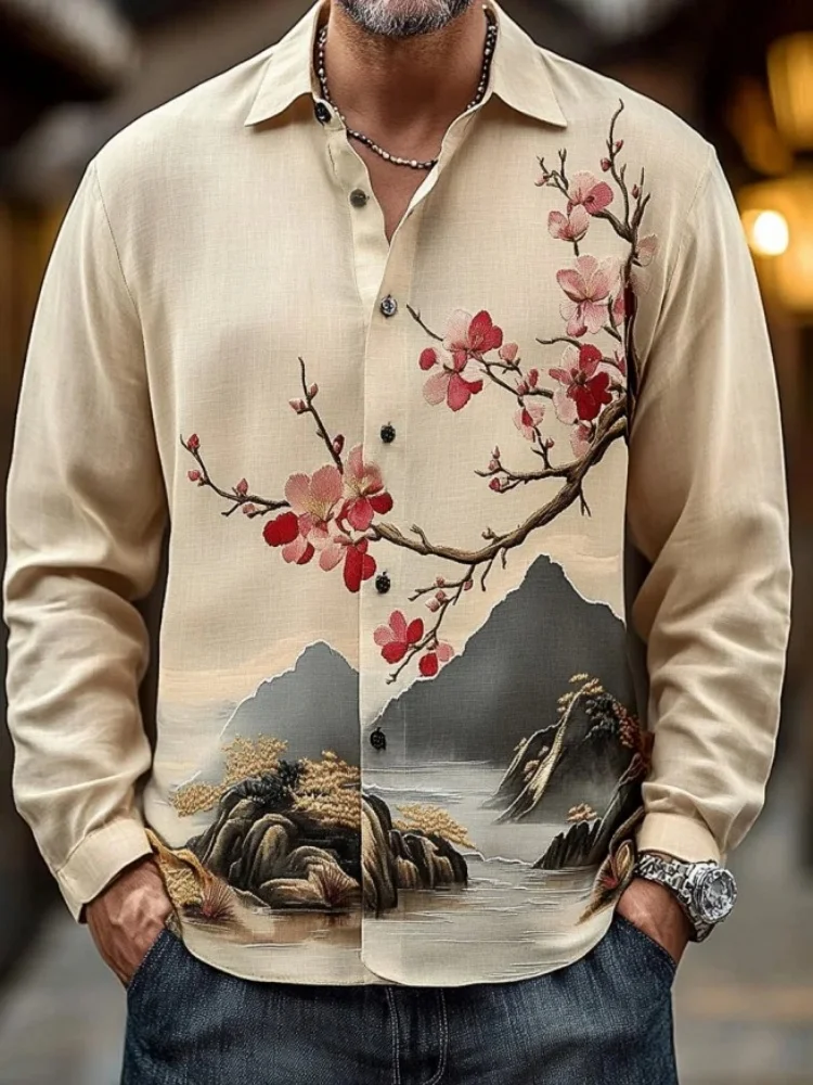 

Fashion Blouse Men's Pink Floral Mountain Scenery Art Print Long Sleeve Shirt Elegant Lapel Collar Single Breast Autumn 2025 Top
