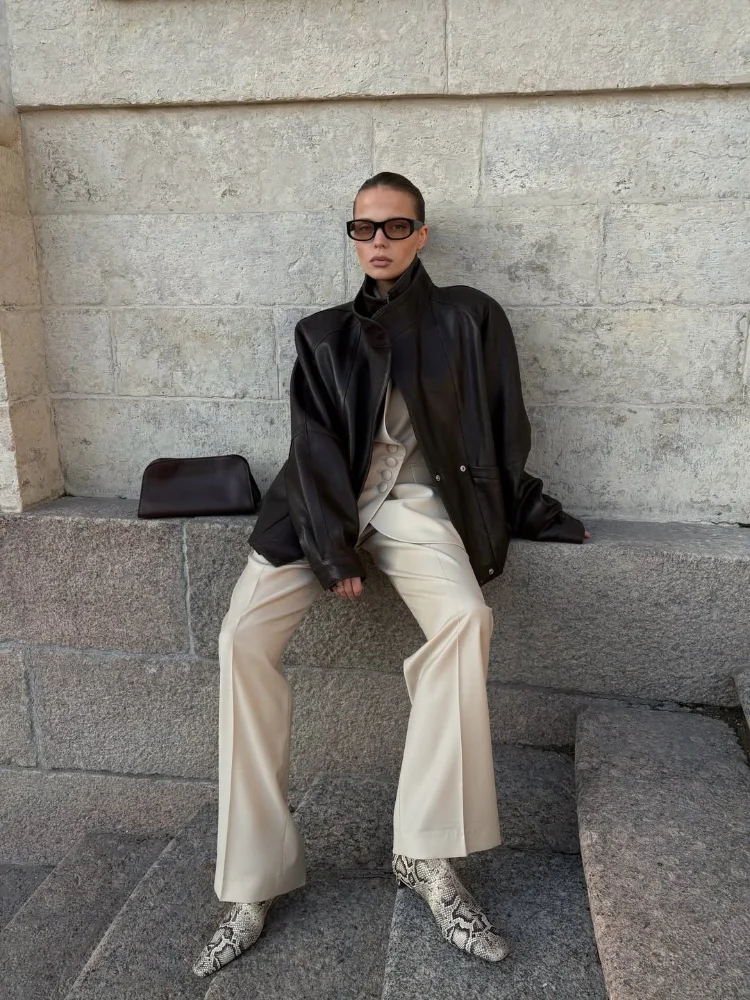 

Lady Shoulder Pad Leather Jacket Women Fashion Long Sleeve Hidden Buckle Pocket Retro Stand Collar Coat Spring Street Outwear