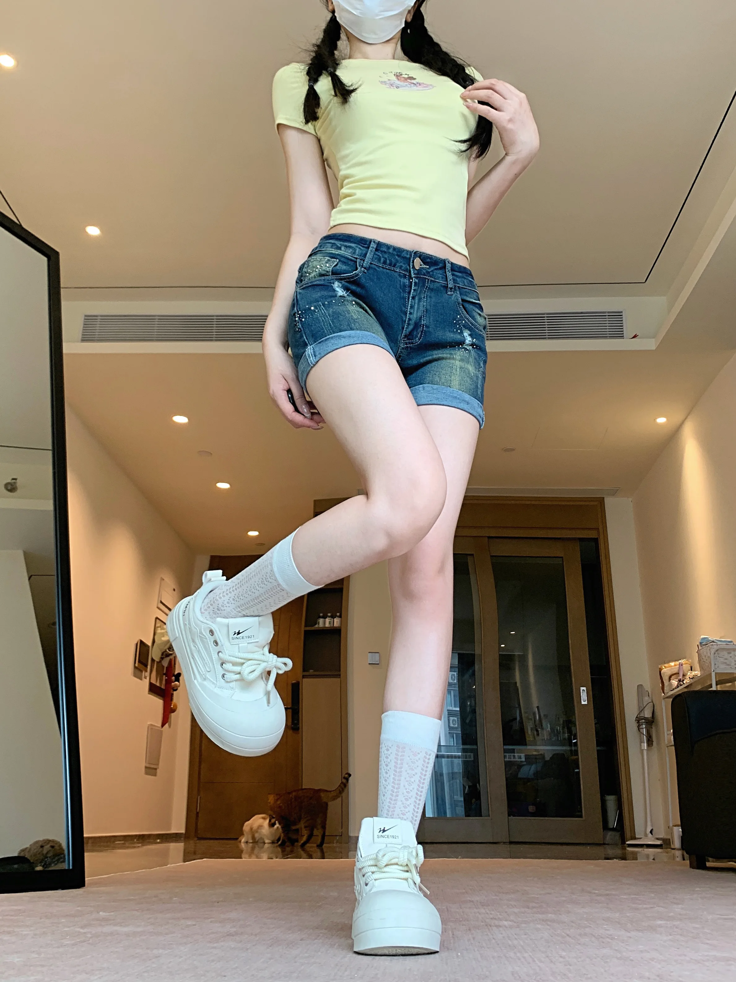 レディース ブルー ホットダイヤモンド ホールウォッシュ フリップジーンズ ショートパンツ Y2K アメリカン ストリートウェア セクシー ホットガール ヒップホップ ホットパンツ サマー 2025 服