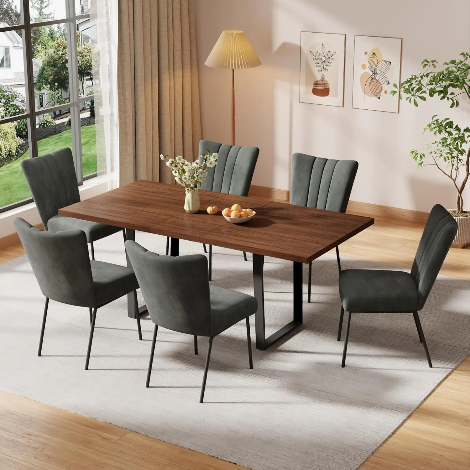 

51"-67" Expandable Dining Table, Rectangular Walnut Wood Table with Metal Frame, Space-Saving Adjustable Table for Kitchen