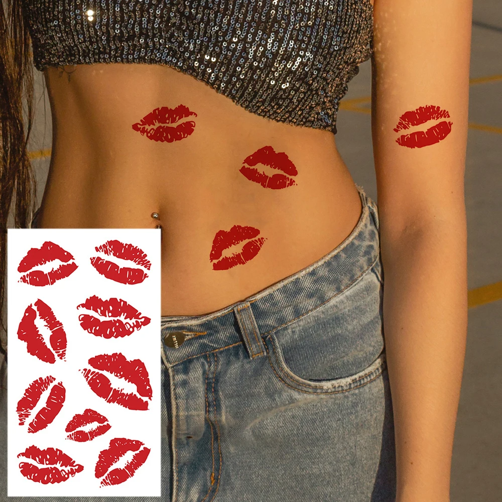 

1 Sheet Red Lips Waterproof Temporary Tattoo for Face Neck Arm Romantic Fake Tattoo for Men and Women Valentine's Day Body Wear