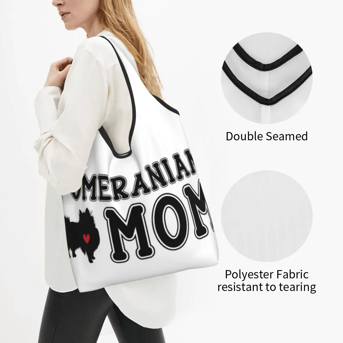 Pomeranian Mom Portable Tote Shopping Bags Foldable Shopper Bag Grocery Handbag Shoulder Bag