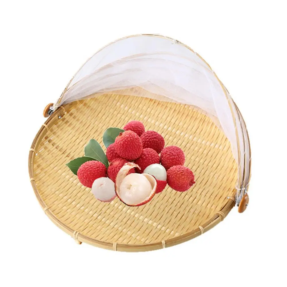 Serving Basket Bamboo Picnic Food Anti Flies Insect Net Cover Bread Fruit Tray