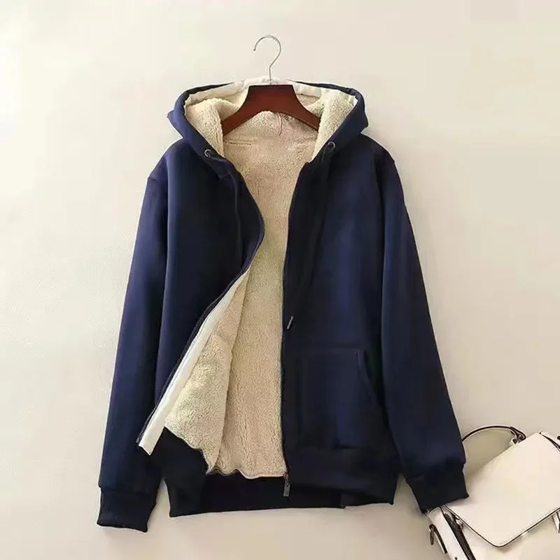 Zestaw jesienno-zimowy: płaszcz, gruby sweter z wełny jagnięcej, damski, termiczny, casualowy, z kapturem, luźny, duży rozmiar, sportowy płaszcz polarowy.