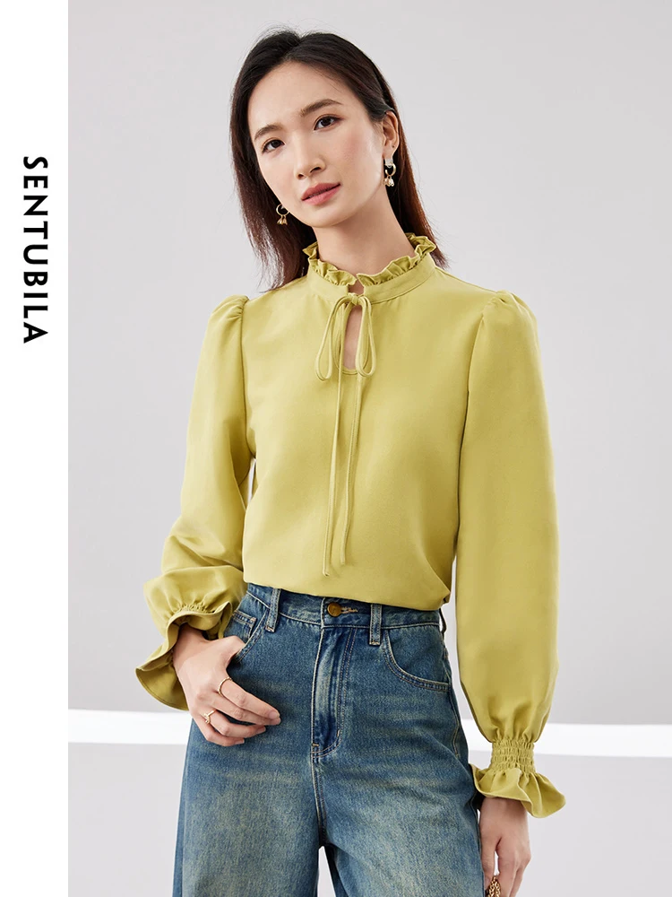 SENTUBILA Tied Ruffled Collar Blouses for Women 2024 Spring Autumn Elegant Smocked Long Sleeve Top Casual Shirt Blouse 141C52685