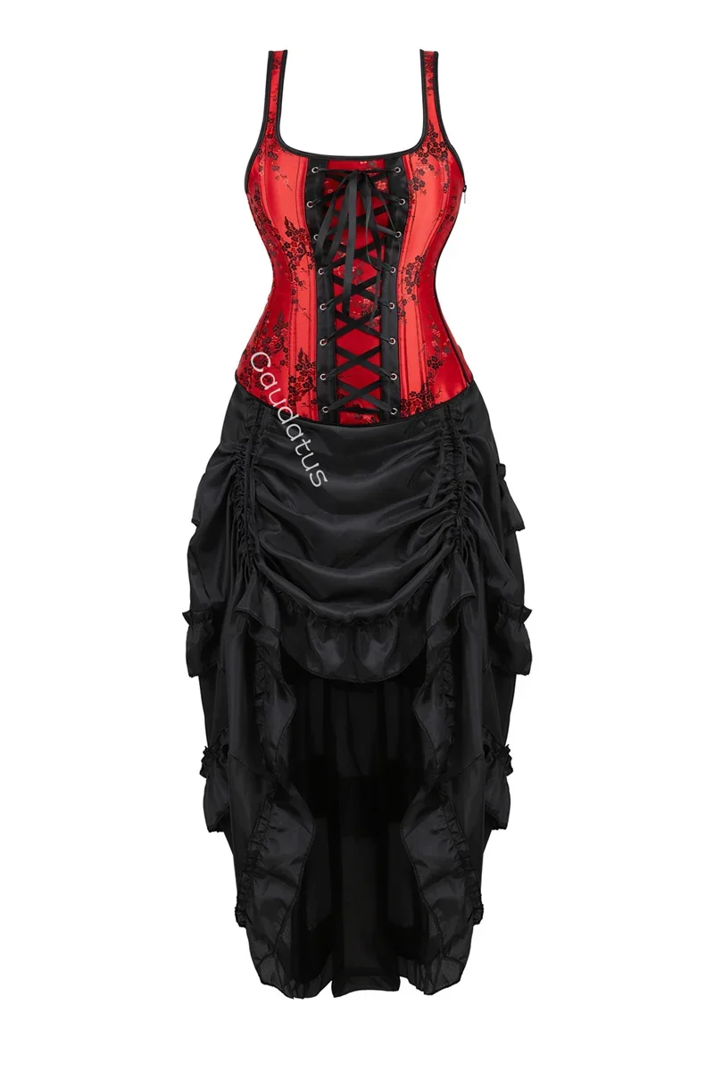 

Красное корсетное платье с юбкой для женщин, комплект с ремешками, кружевом и молнией, костюм для вечеринки, сексуальный бурлеск, наряд для Хэллоуина, баскский костюм, большие размеры, средневековый стиль