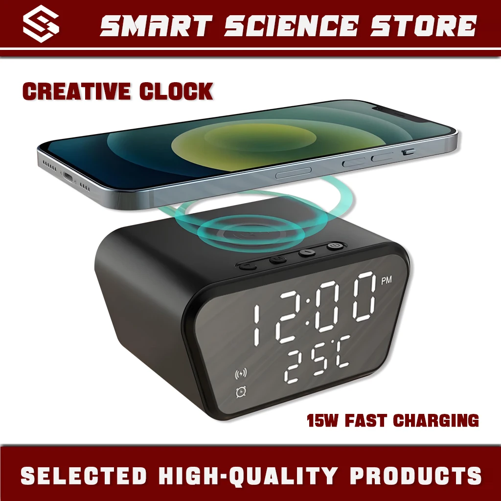 Alarm clock 15W wireless charging alarm clock intelligent wireless charger time calendar temperature display LED digital clock