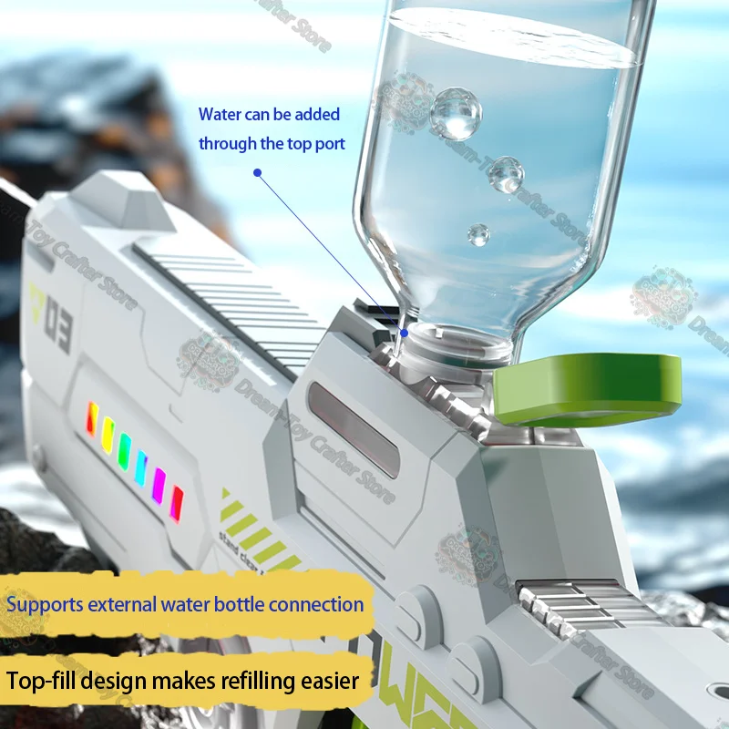 ปืนฉีดน้ําไฟฟ้าของเล่นสําหรับเด็กดูดอัตโนมัติความจุขนาดใหญ่ Blaster พร้อมแสงกลางแจ้ง Splash Soaker ยิงเวลาเล่นสนุก