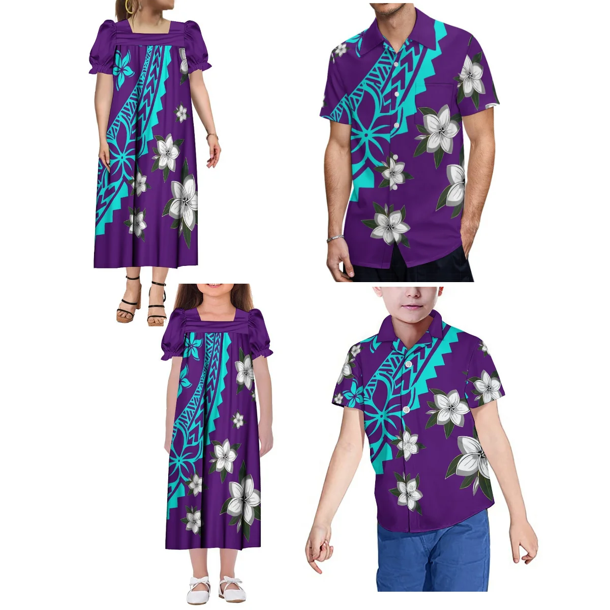 

High Quality Micronesian Mumu Women'S Puffy Sleeve Dress Girls Dress With Men'S Shirt Polynesian Tribe Designed Family Suit