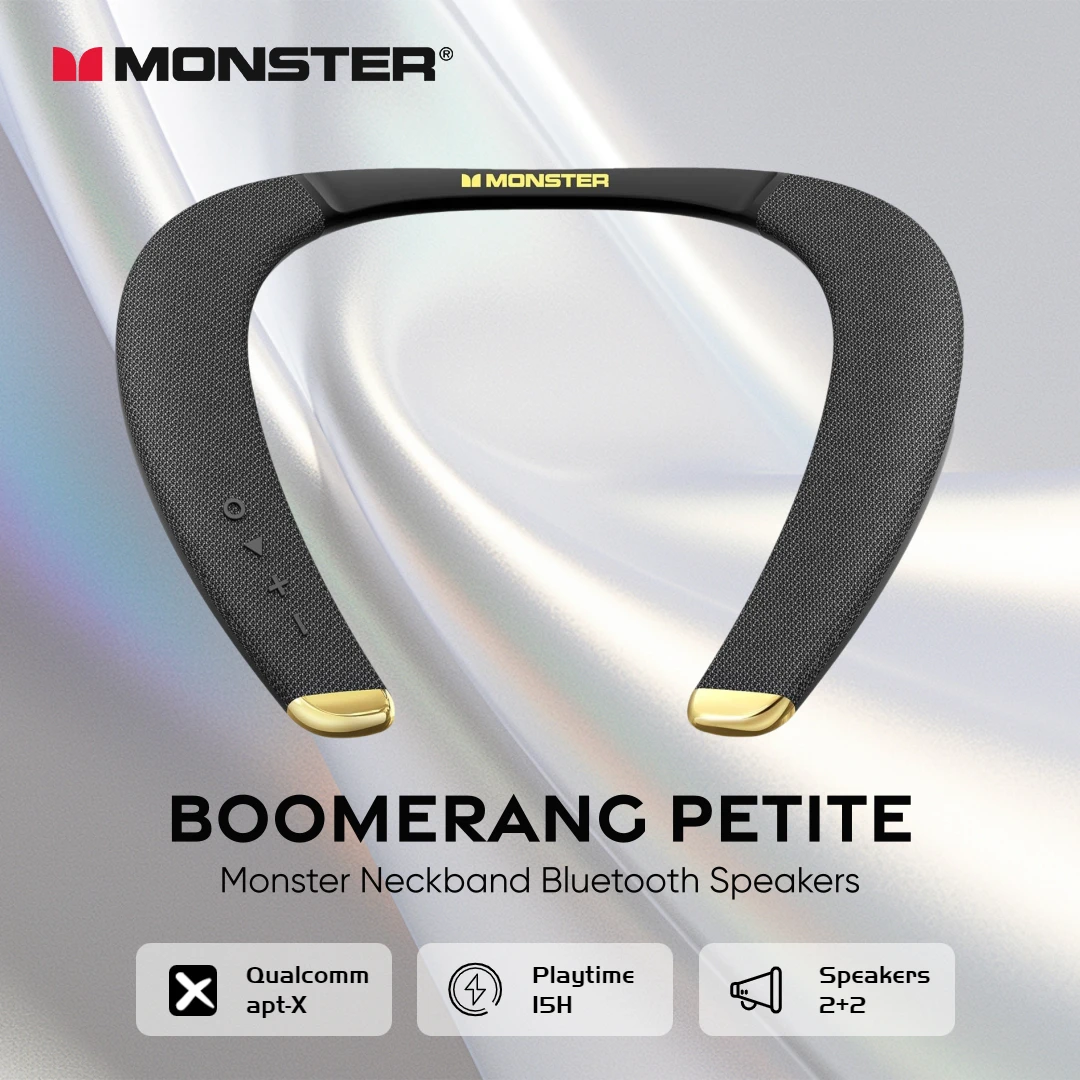 Monster Boomerang Petite Altavoz Bluetooth con banda para el cuello Alta resolución Qualcomm aptx Altavoces para el cuello IPX5 Altavoces portátiles inalámbricos con micrófono