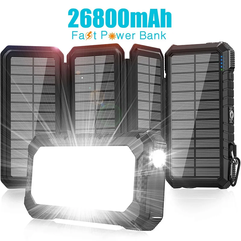 Solar Power Bank 26800mAh Fast Charging Treasure Large Solar Panel Removal Folding Hiking Buckle Outdoor Powerful LED Flashlight