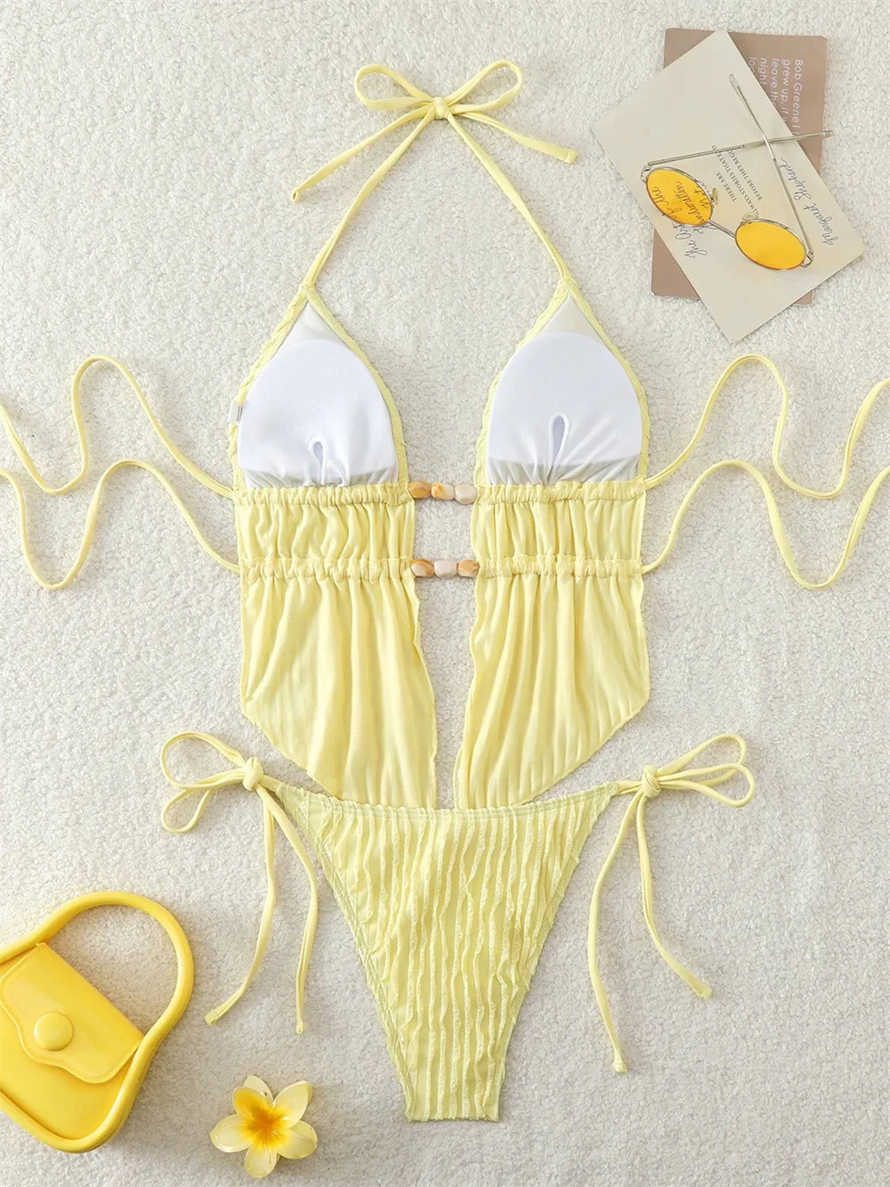 Kawaii Solid Color Bikini Pleated Halter String Swimsuit Women's Bikinis and Tankinis 2 Piece Outfit Backless Set Beach Swimwear