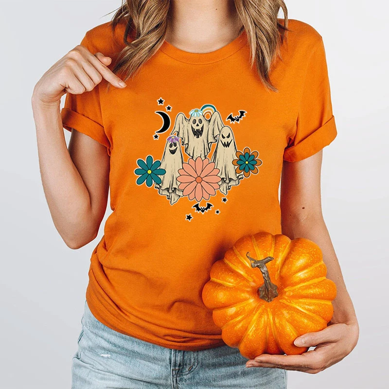 Women Fashion Print Halloween Ghost Flower T-shirts Summer Ladies Casual Loose Round Neck Creative Halloween Pure Color T-shirts