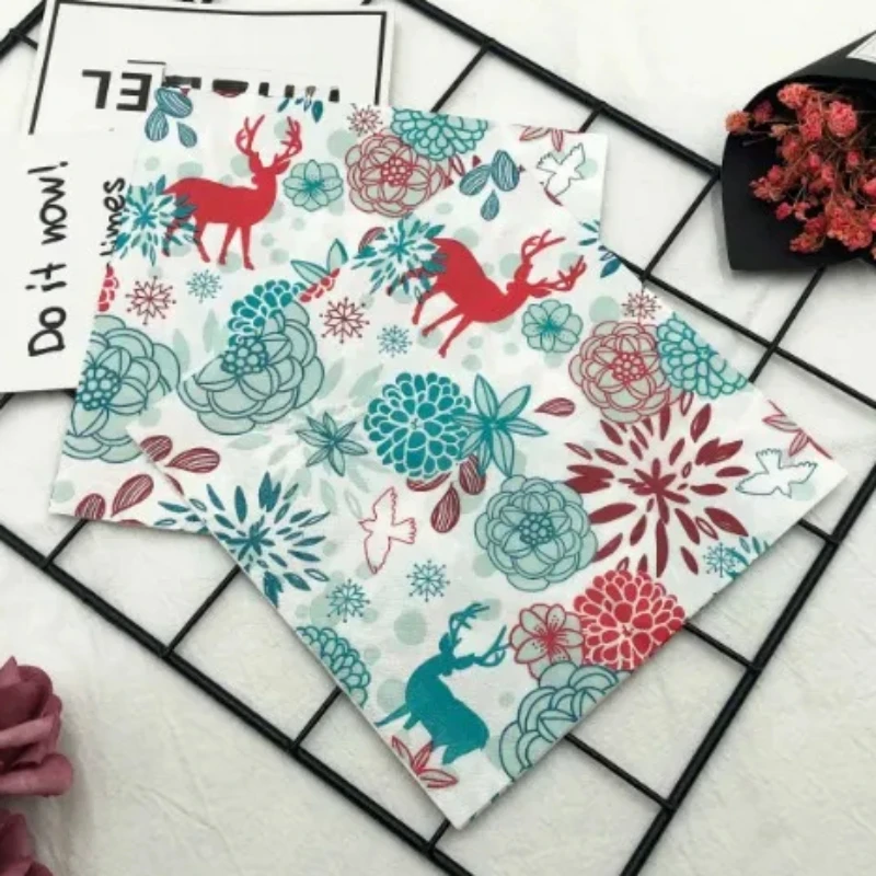 10/20pcs Pac Colorful Napkins Christmas Moose Fireworks Table Mouth Cloth Paper Napkins Holiday Party Square Paper Napkins 33cm