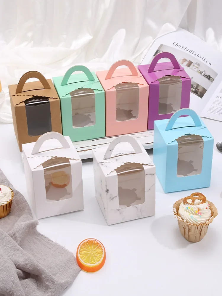 

50pcs Portable Pink Window Cupcake Box French Pastry Single Muffin Box Baking individual Mousse Packaging With Inner Tray