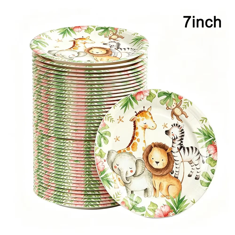 10-50Pcs Jungle Safari Animal Disposable 7/9 Inch Paper Plates Cup Lion Giraffe Zebra Elephant Tableware Birthday Party Supplies