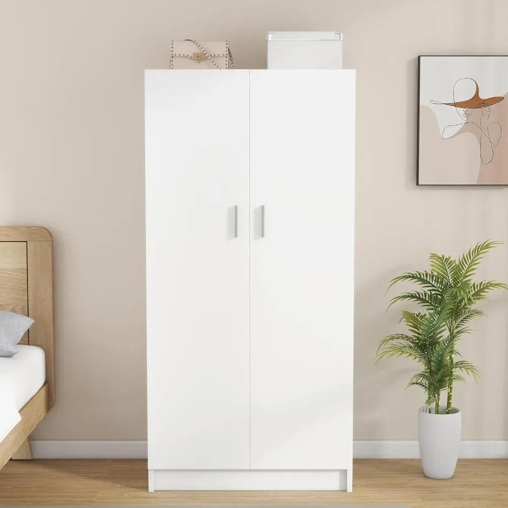 2 Door Bedroom Wardrobe Bedroom Wardrobe Home Furniture Storage, Freestanding, with Tip Proof, with Rail, Storage Rack (White)