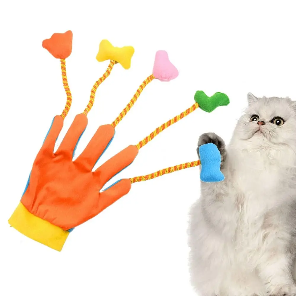 Luvas macias de 5 dedos para gatinhos, brinquedo com som resistente à mordida, luvas para provocar gatos com sino, luvas coloridas de brinquedo de pelúcia para gatos, auto felizes