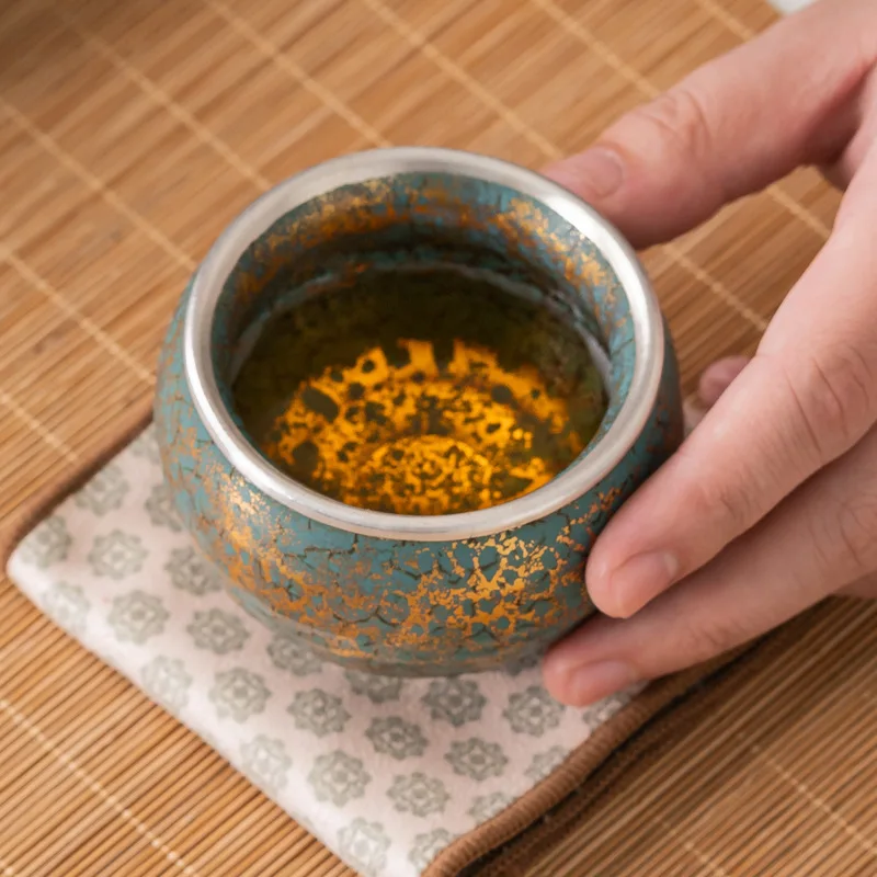 

150ml ceramic tea bowl, evergreen glaze, gold and silver color, pure handmade, Japanese, business gift,special master teacup