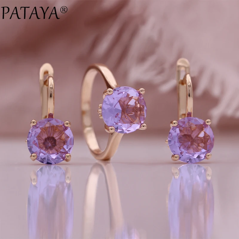 PATAYA 2023 New Purple Zircon Earrings Ring Set For Woman 585 Rose Gold Color Fashion Jewelry Party Wedding Sets Gifts