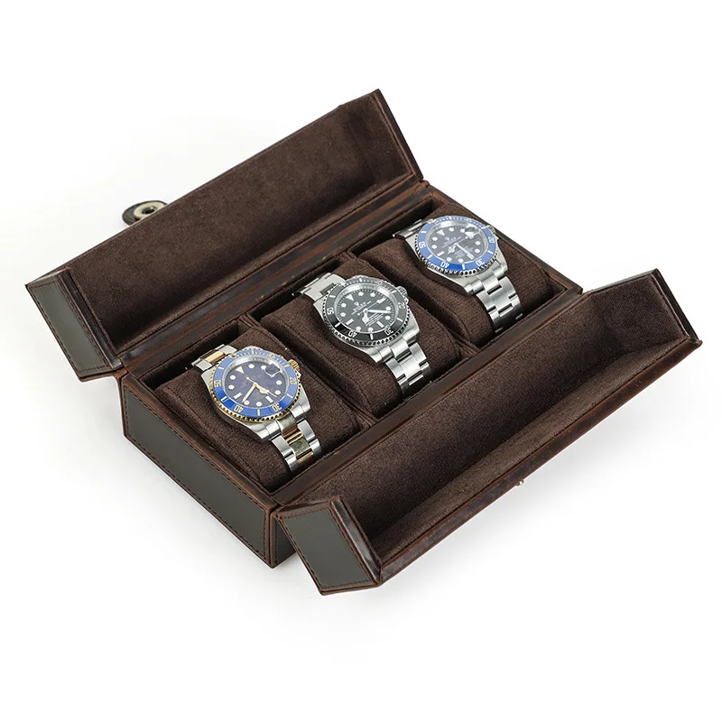 Retro Crazy Horse Leather Watch Box Three-Dimensional Square Portable Magnetic Clasp Outdoor Travel Watch Storage Case