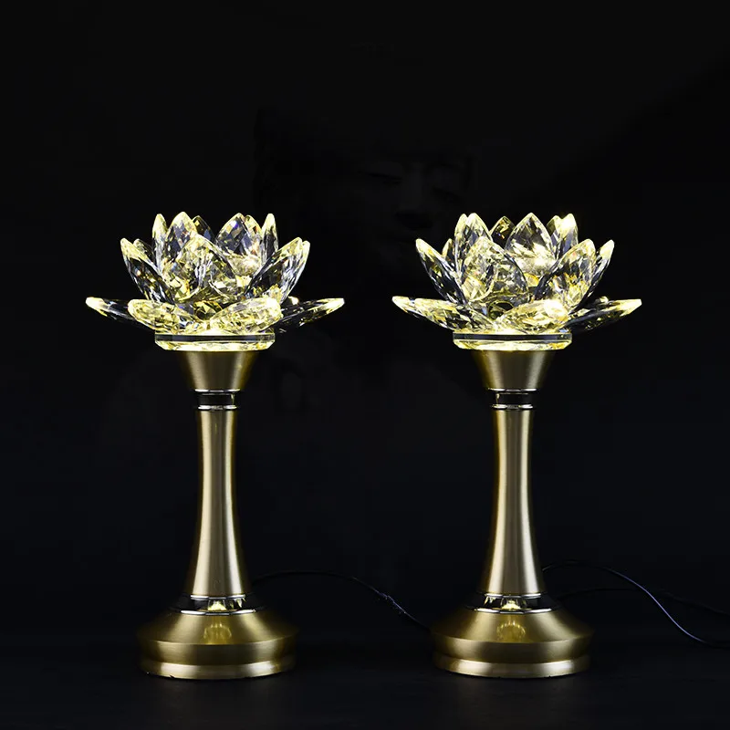 2pcs Crystal Lamp Ornaments Charge Yellow Light Buddha Hall Worship Home Decoration Buddhist Supplies for The