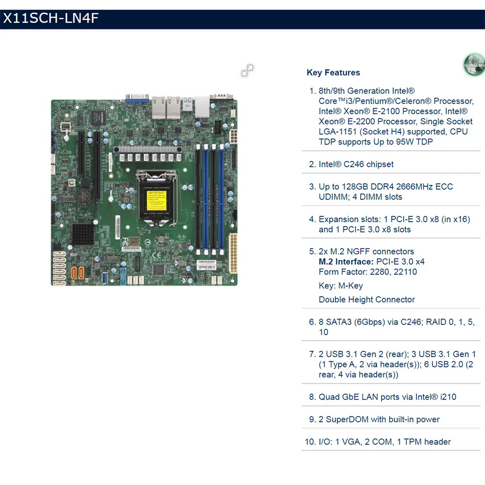 マイクロサーバー用マザーボード,X11SCH-LN4F,Intel c246,lga1151,ddr4,E-2100コアi3,E-2200,