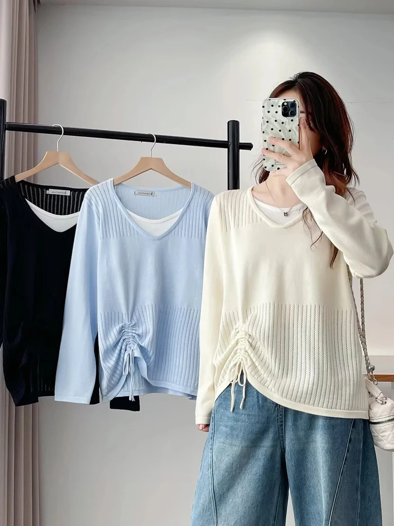 Trendy Korean Style Knitted Sweater with Drawstring V-Neck plus Size Casual Breathable Long Sleeve Top for plus Size Women