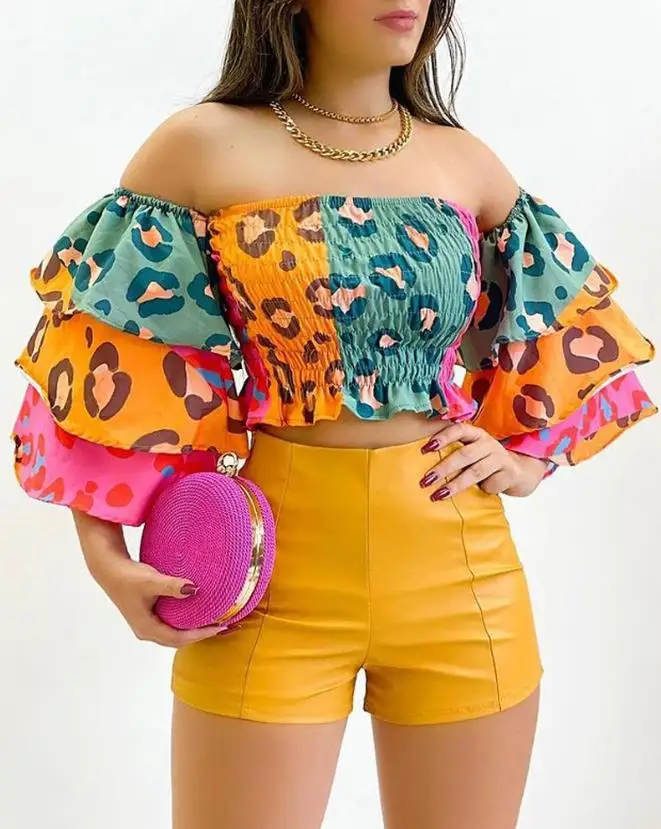 

Fashion Women's Shorts Set 2024 Summer Leopard Print Off Shoulder Bell Sleeve Shirred Crop Top & Shorts Set Two Piece Set