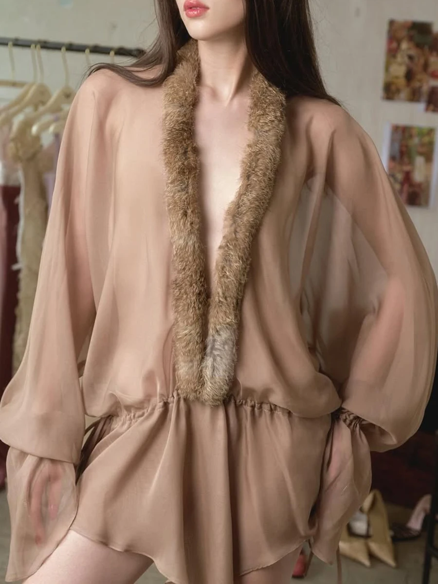 TWOTWINSTYLE Loose Sheer Spliced Fur Collar Sexy Dresses for Women V Nedck Long Sleeves Tunic Patchwork Ruffles Dress Female New