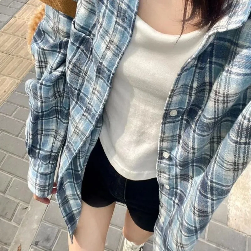 Shirt for Women Vintage Long Sleeve Collared Button Up Oversized Plaid Shirt Jacket Spring Autumn Blouses Large Loose Casual Top