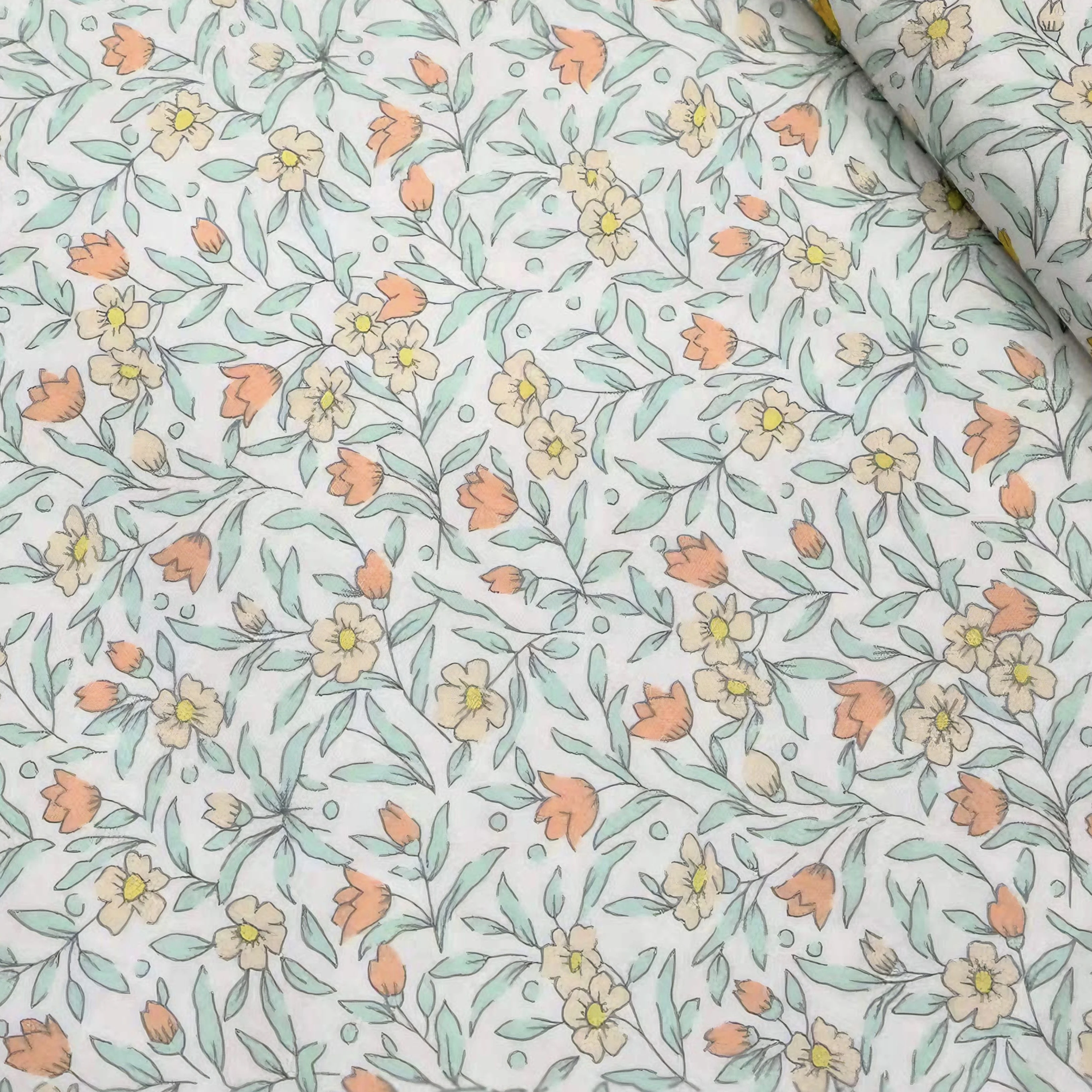 0.5m/1m/3m Ditsy Floral Printed 100% Cotton Fabric Colorful Bell Shaped Floral Green Foliage Design for Clothing DIY Tablecloth