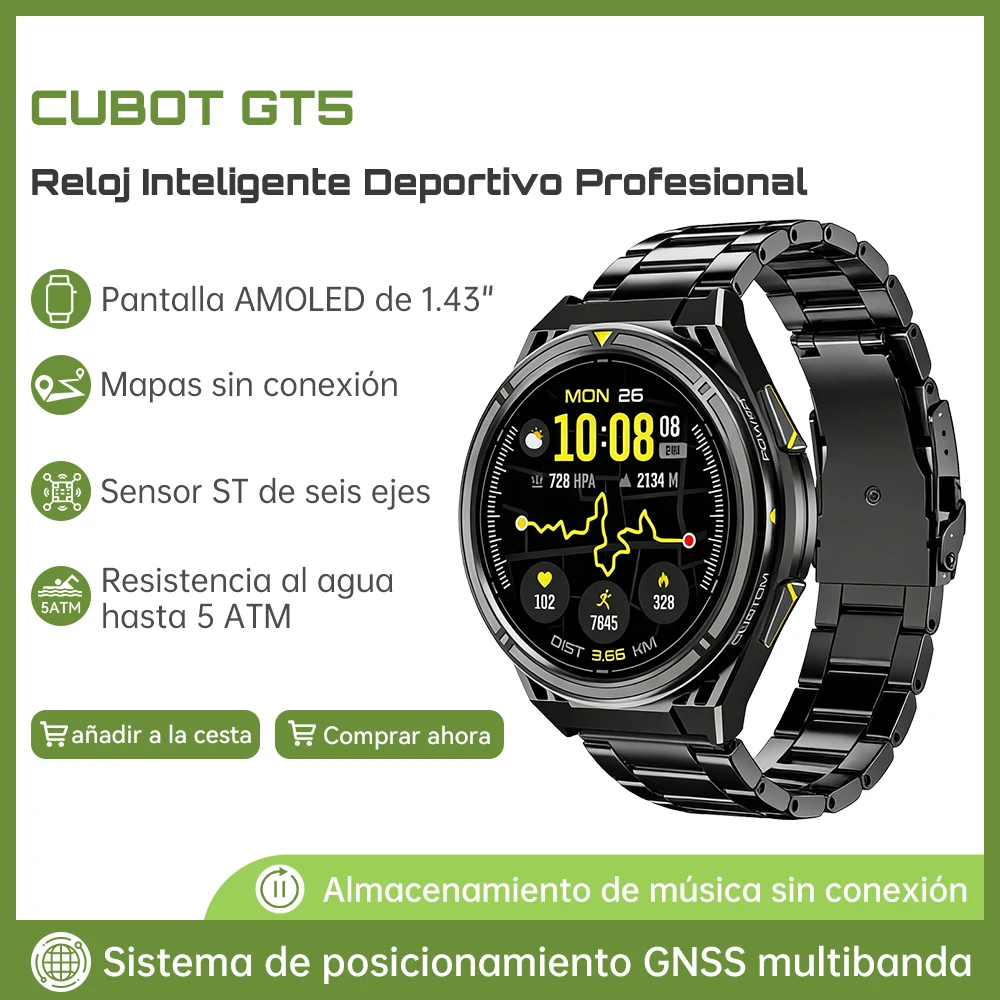 Reloj inteligente Cubot GT 5, pantalla AMOLED de 1,43", compatible con mapas sin conexión, posicionamiento GPS doble banda, resistencia al agua 5 ATM, almacenamiento de música sin conexión, batería 500 mAh, Smartwatch