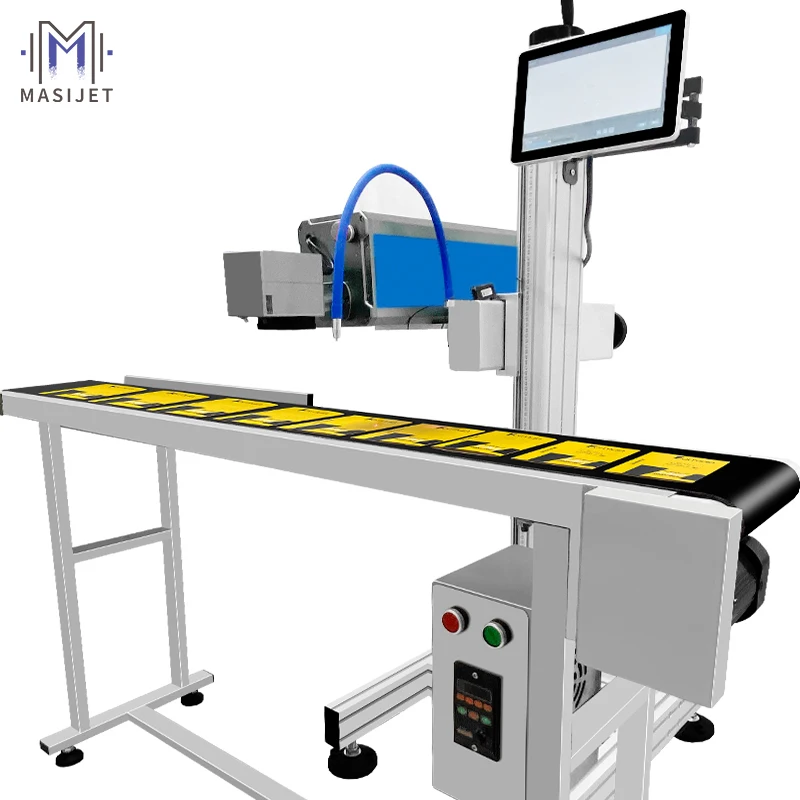 آلة الوسم بالليزر الطائر CO2 للزجاجة البلاستيكية ونقش تحديد المواقع الذكي وطابعة شعار رمز الاستجابة السريعة