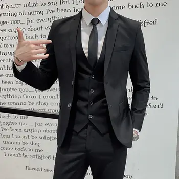 Solid Color Suit Men's Fashionable Gentleman Business Banquet Korean-style Formal Dress Casual Wedding (Blazer+Vest+Trousers) 2