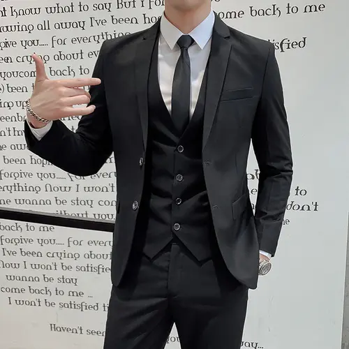 Imagen 2 del producto Traje de Color Sólido para Hombre, Elegante, Estilo Coreano, para Banquete de Negocios, Vestido Formal, Boda Informal (Blazer+Chaleco+Pantalones)
