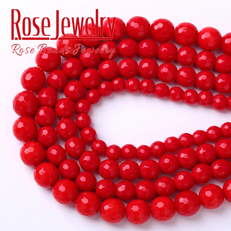 Faceted Red Coral Stone Beads Natural Stone Round Loose Beads For Jewelry Making Diy Bracelets Handmade Necklaces 6 8 10mm 15\