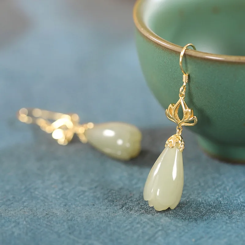 S925silver,gold-platednaturalHetianwhitejadelotusflowerearringsaversatiledesignforwomen