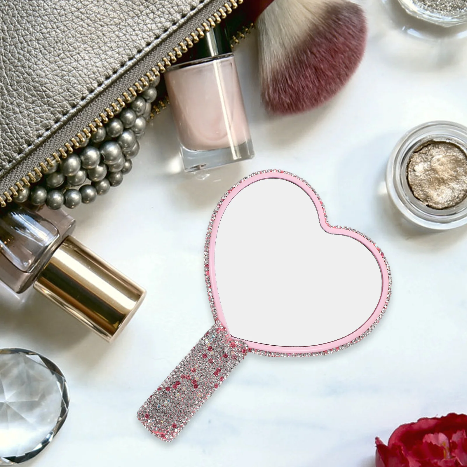 Heart Shaped Rhinestone Compact Purse Mirror Handheld with Handle Durable Mirror for Travel Makeup Touch Ups Makeup Compact