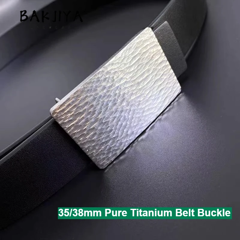 35/38mm Pure Titanium Buckle Black Leather Belt Men Ti Metal Rustproof Durable Handmade Hammer Texture Plate Buckle Jeans Suit