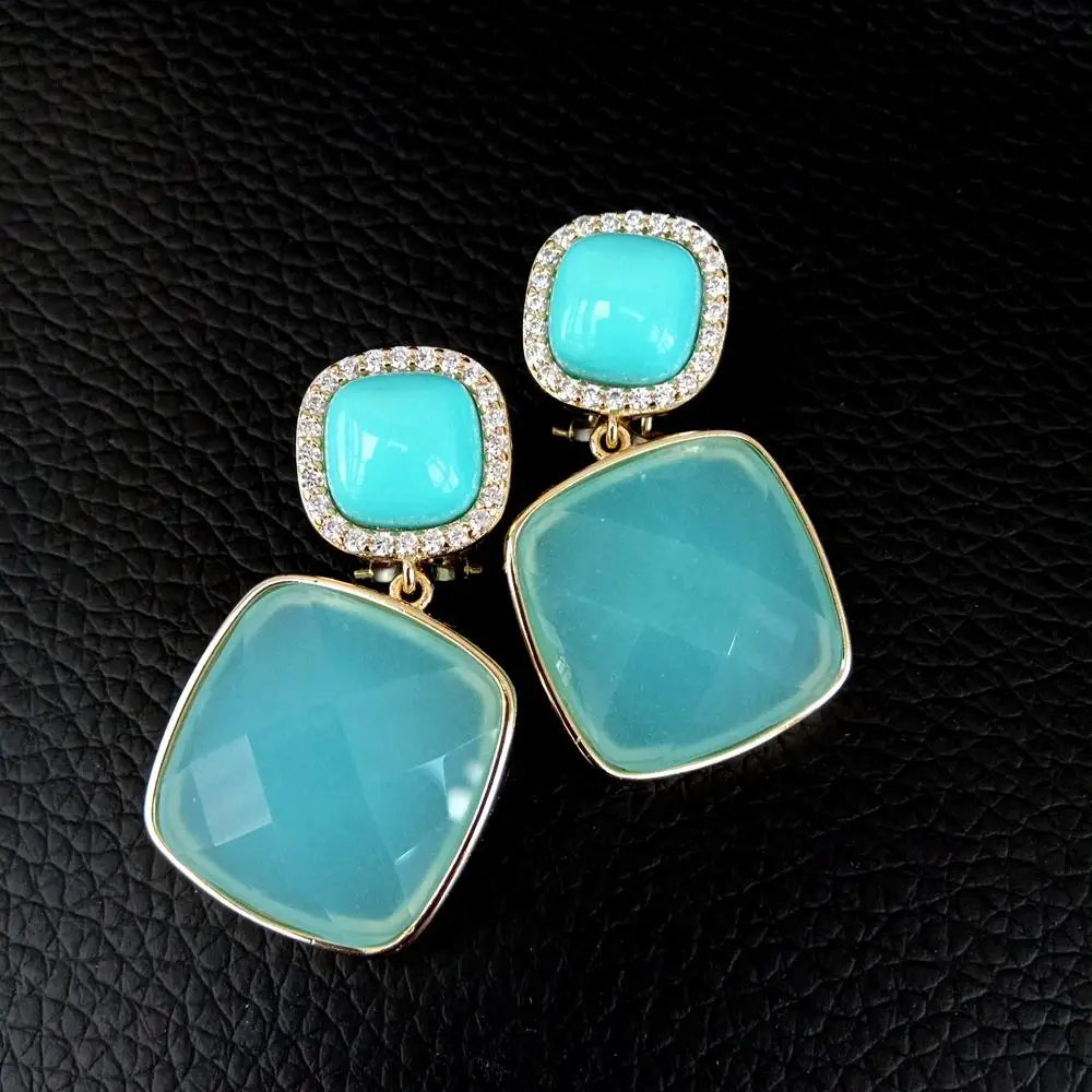 

Y·YING Blue Turquoise Crystal Square Dangle Cz Pave Gold Plated Stud Earrings